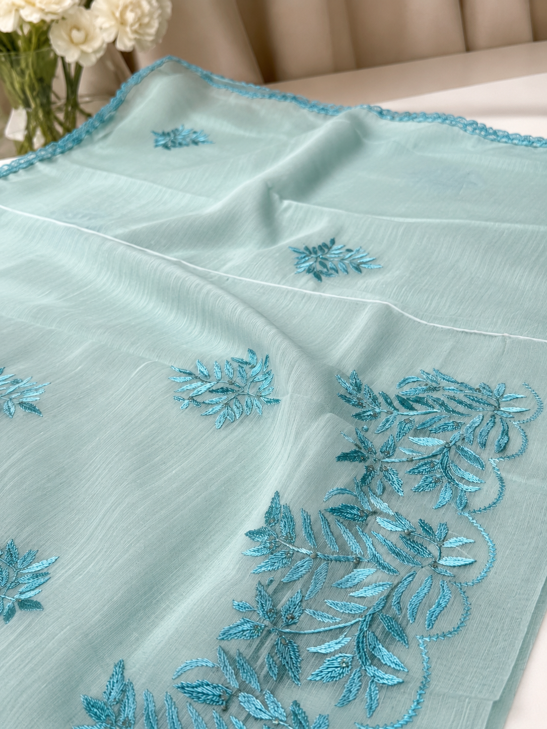 3 Piece - Aqua Bloom Embroidered Suit with Embroidered Dupatta