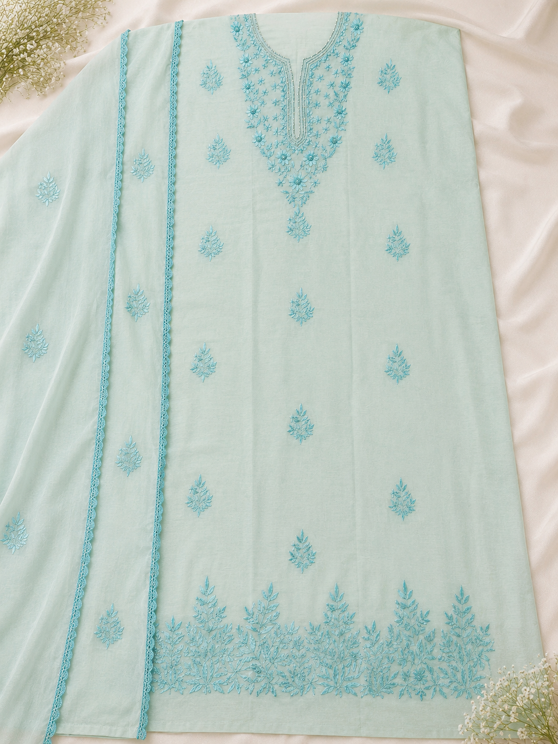 3 Piece - Aqua Bloom Embroidered Suit with Embroidered Dupatta