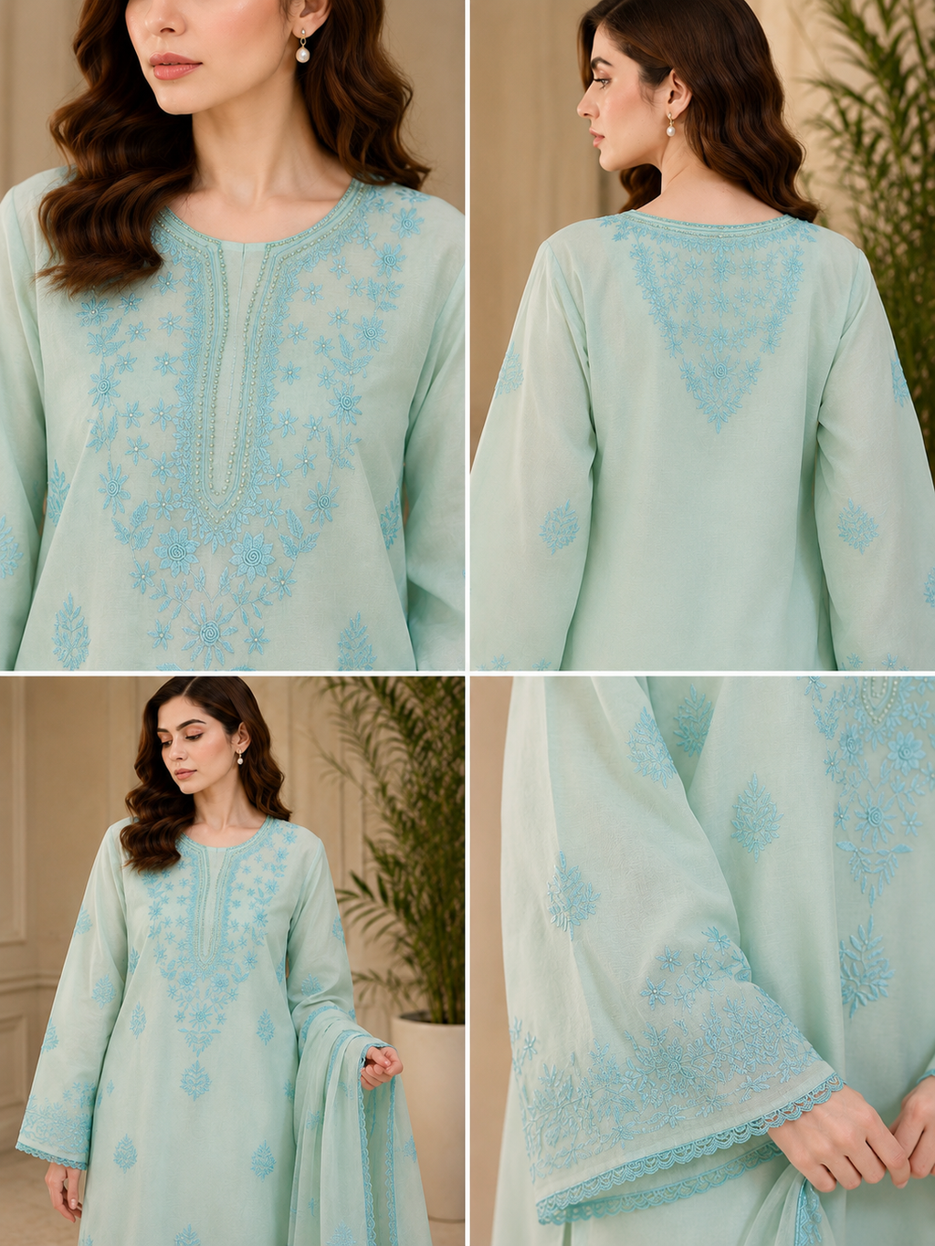3 Piece - Aqua Bloom Embroidered Suit with Embroidered Dupatta
