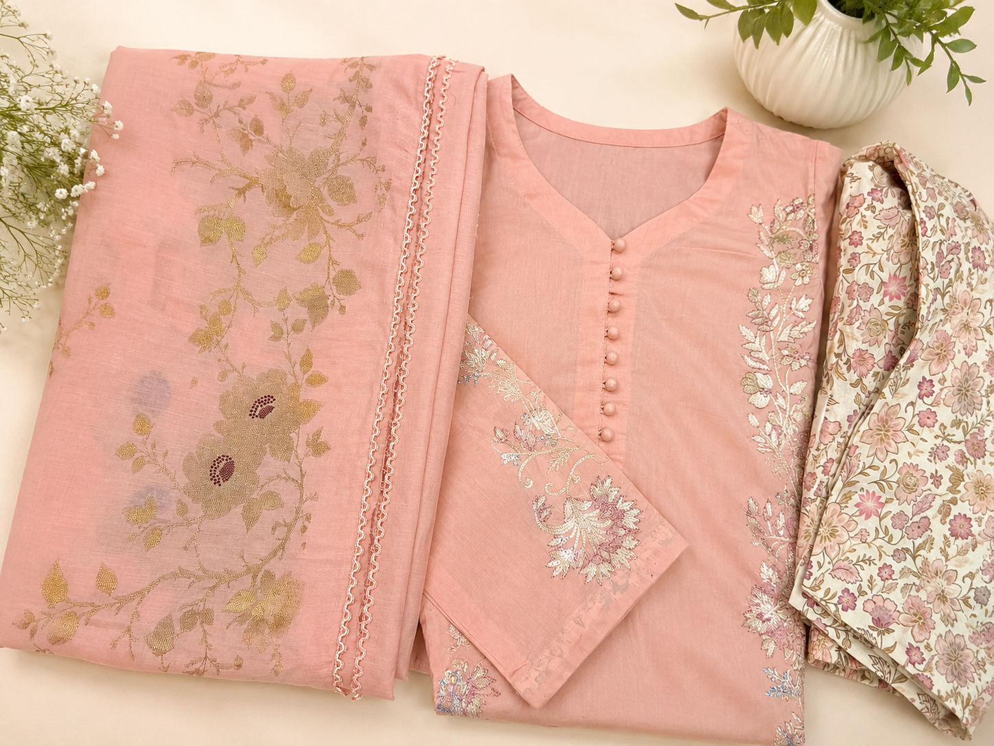 3 Piece - Peach Grace Embroidered Lawn Suit with Jacquard Dupatta