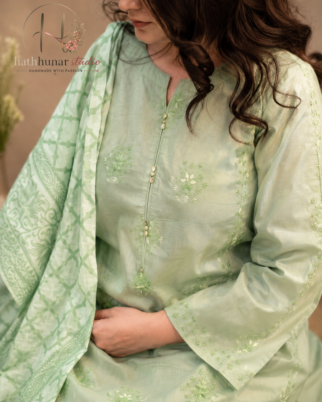 Mint Whisper - 3 Piece Embroidered Lawn Suit with Printed Lawn Dupatta