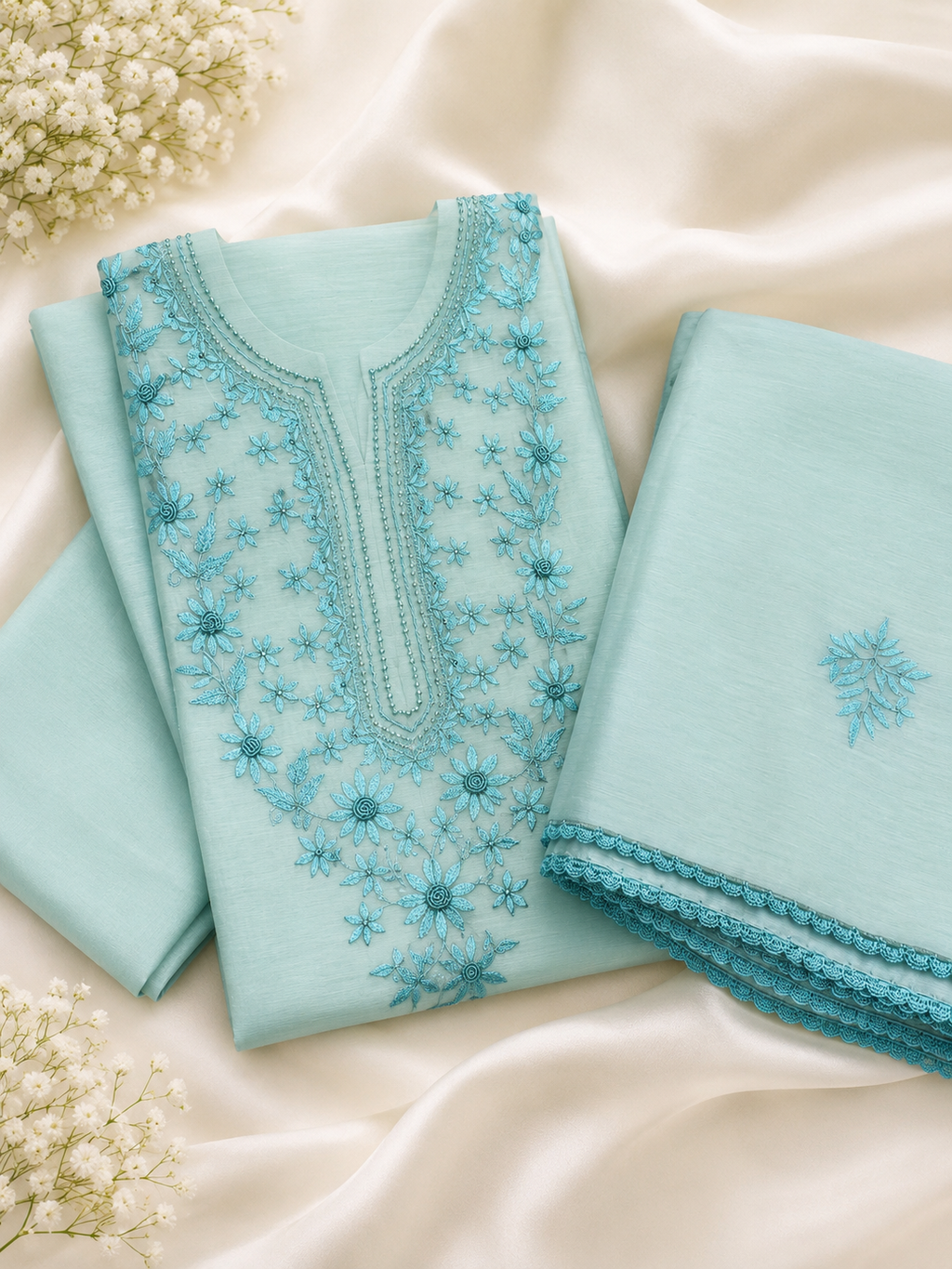 3 Piece - Aqua Bloom Embroidered Suit with Embroidered Dupatta