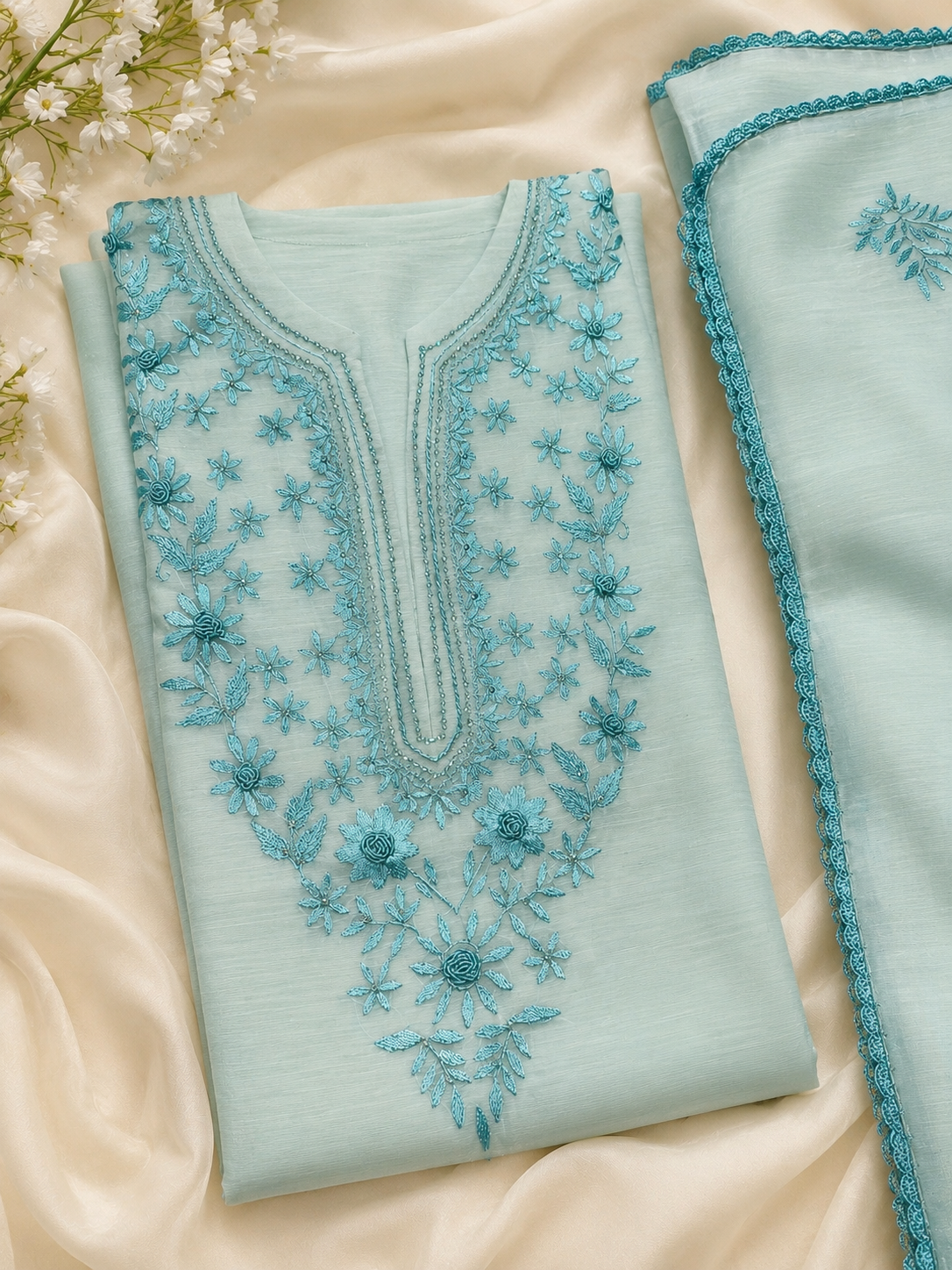 3 Piece - Aqua Bloom Embroidered Suit with Embroidered Dupatta