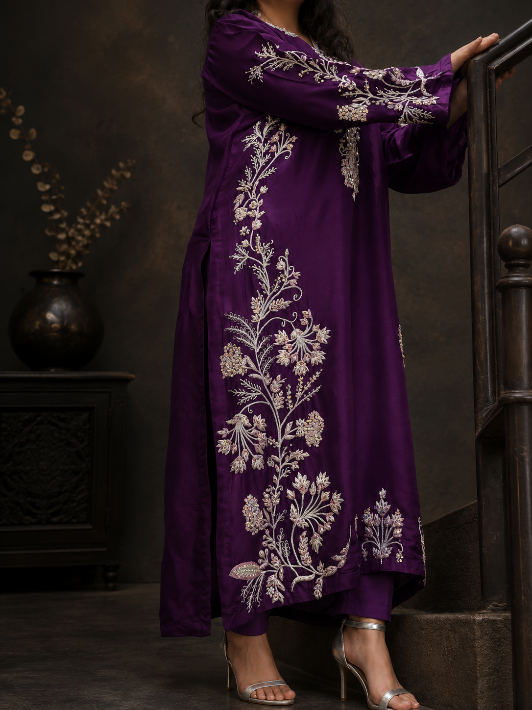 2 Piece - Royal Plum Embroidered Tasar Silk Suit