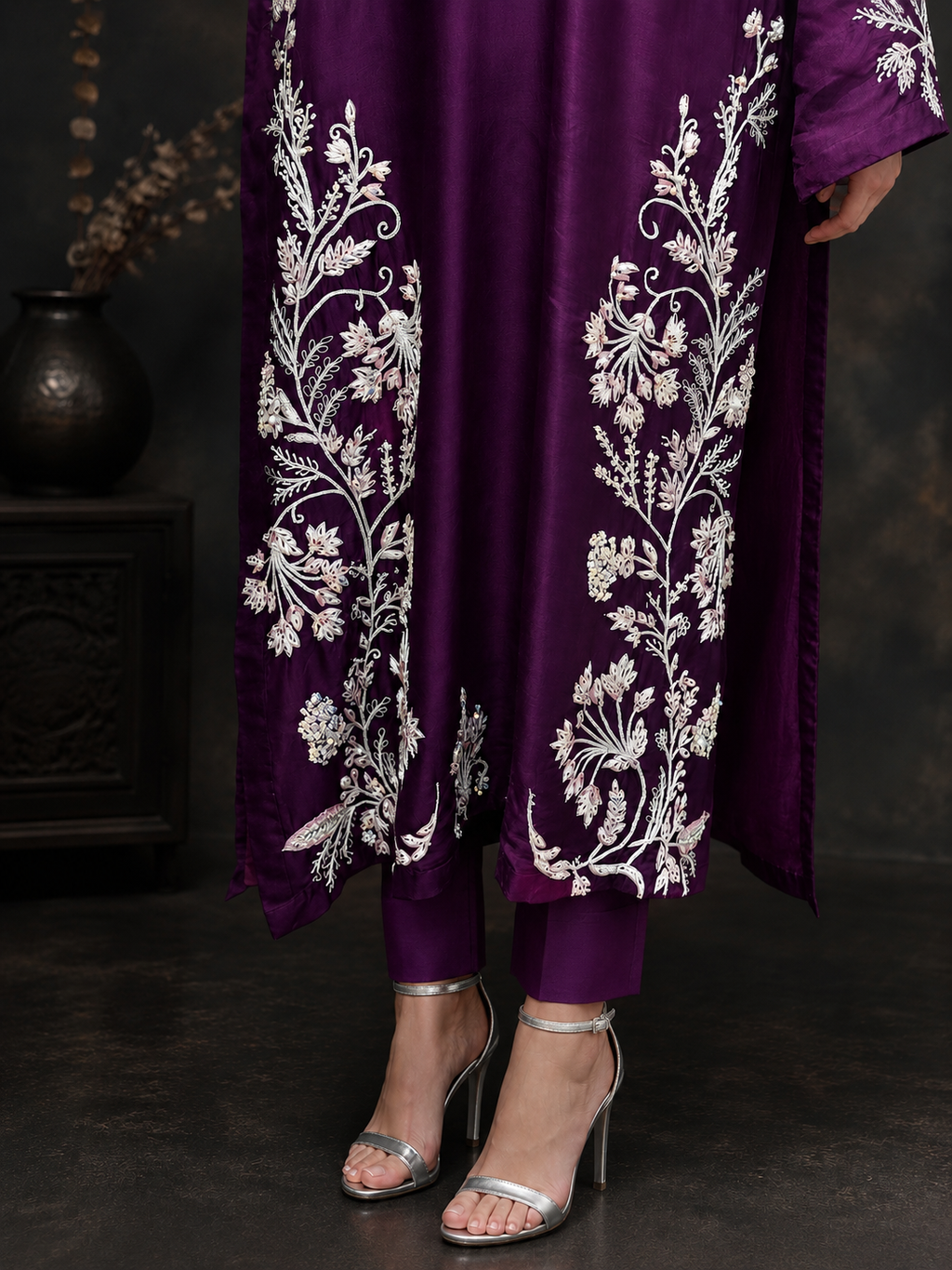 2 Piece - Royal Plum Embroidered Tasar Silk Suit
