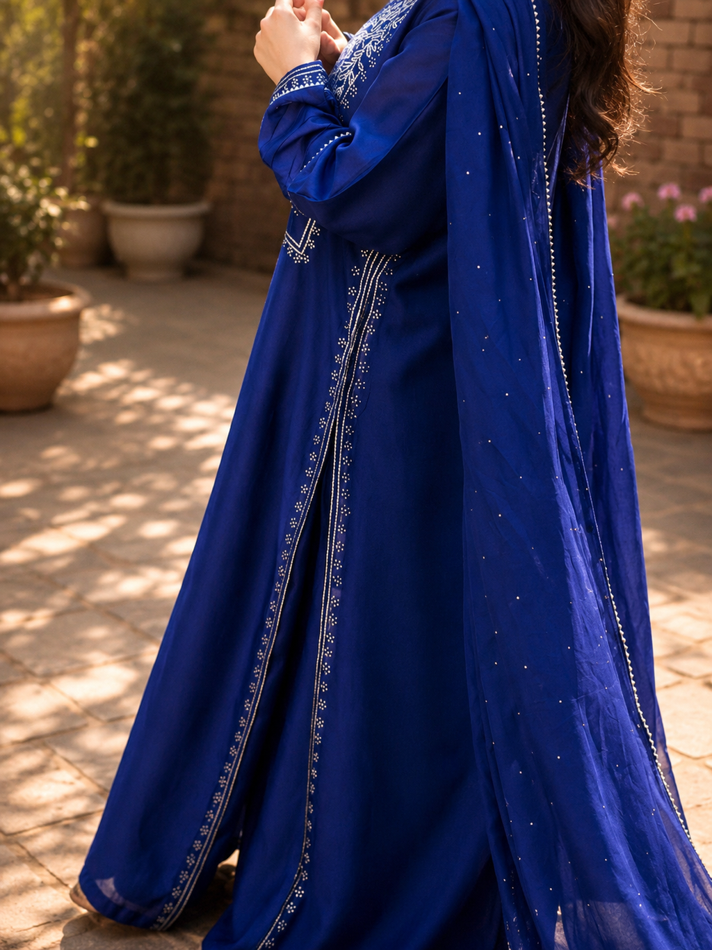 3 Piece Royal Blue Embroidered Sheesh Silk Suit