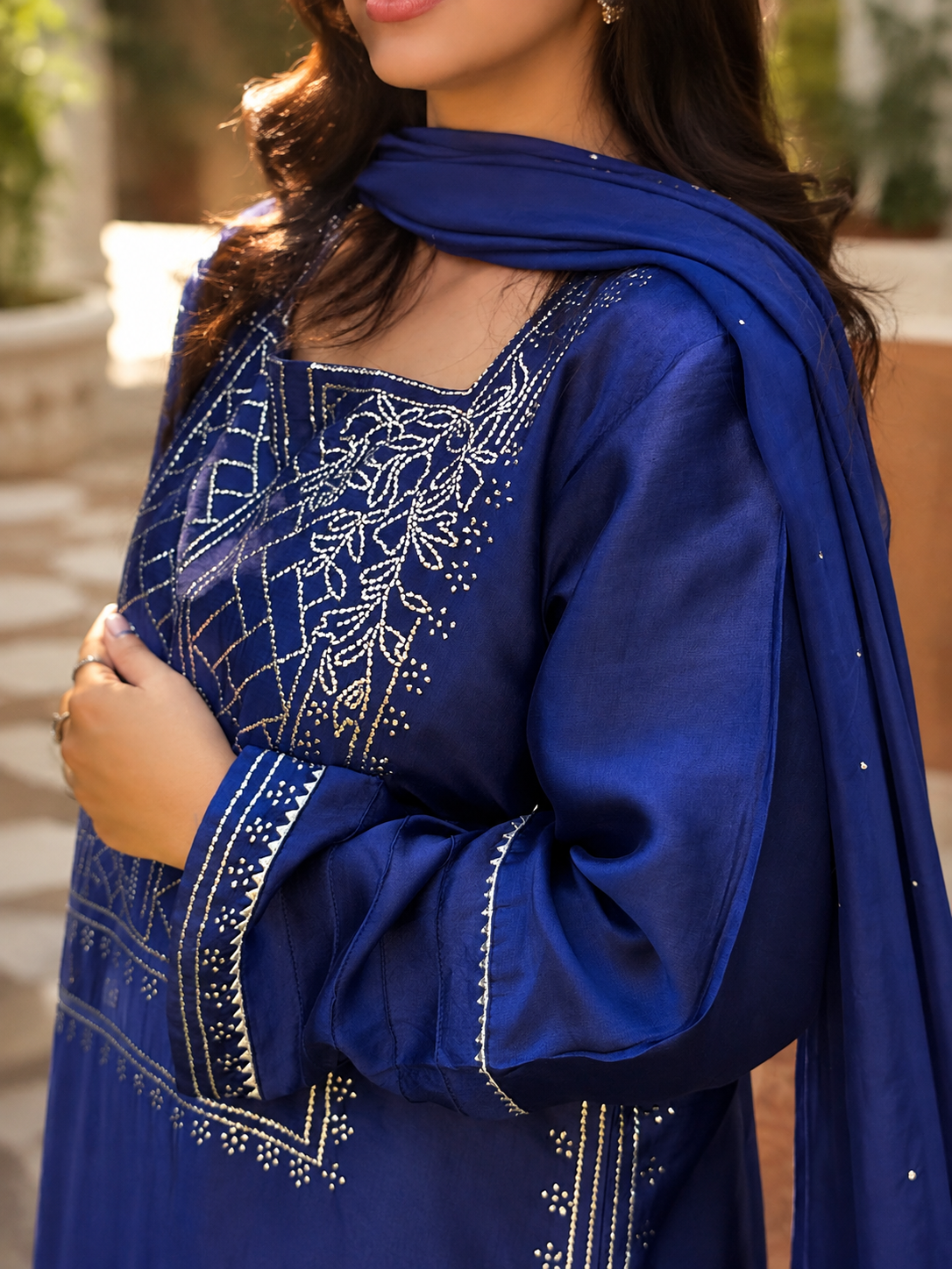 3 Piece Royal Blue Embroidered Sheesh Silk Suit
