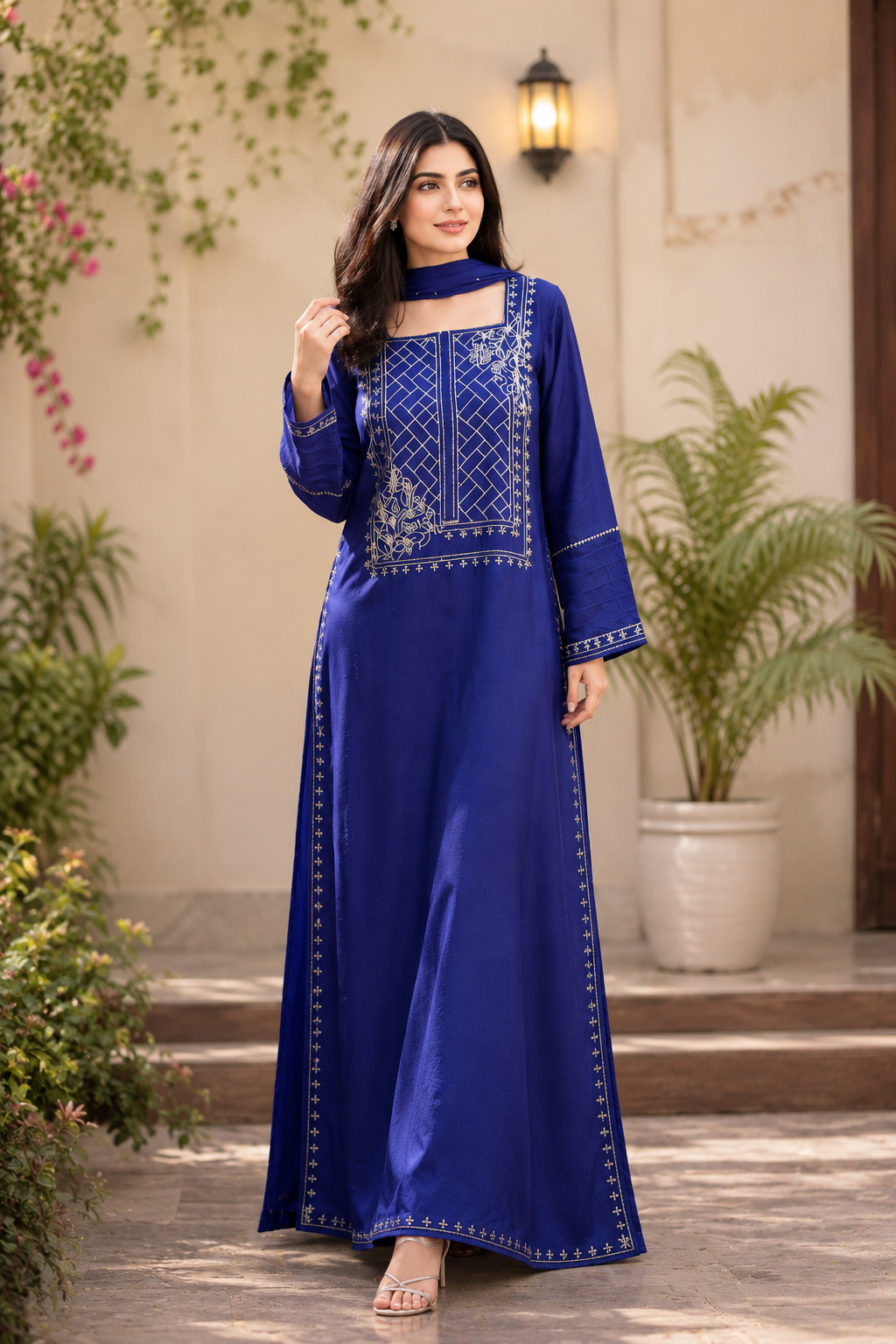 3 Piece Royal Blue Embroidered Sheesh Silk Suit