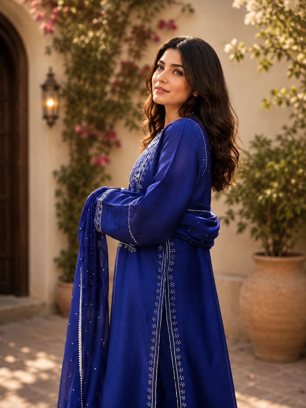 3 Piece Royal Blue Embroidered Sheesh Silk Suit