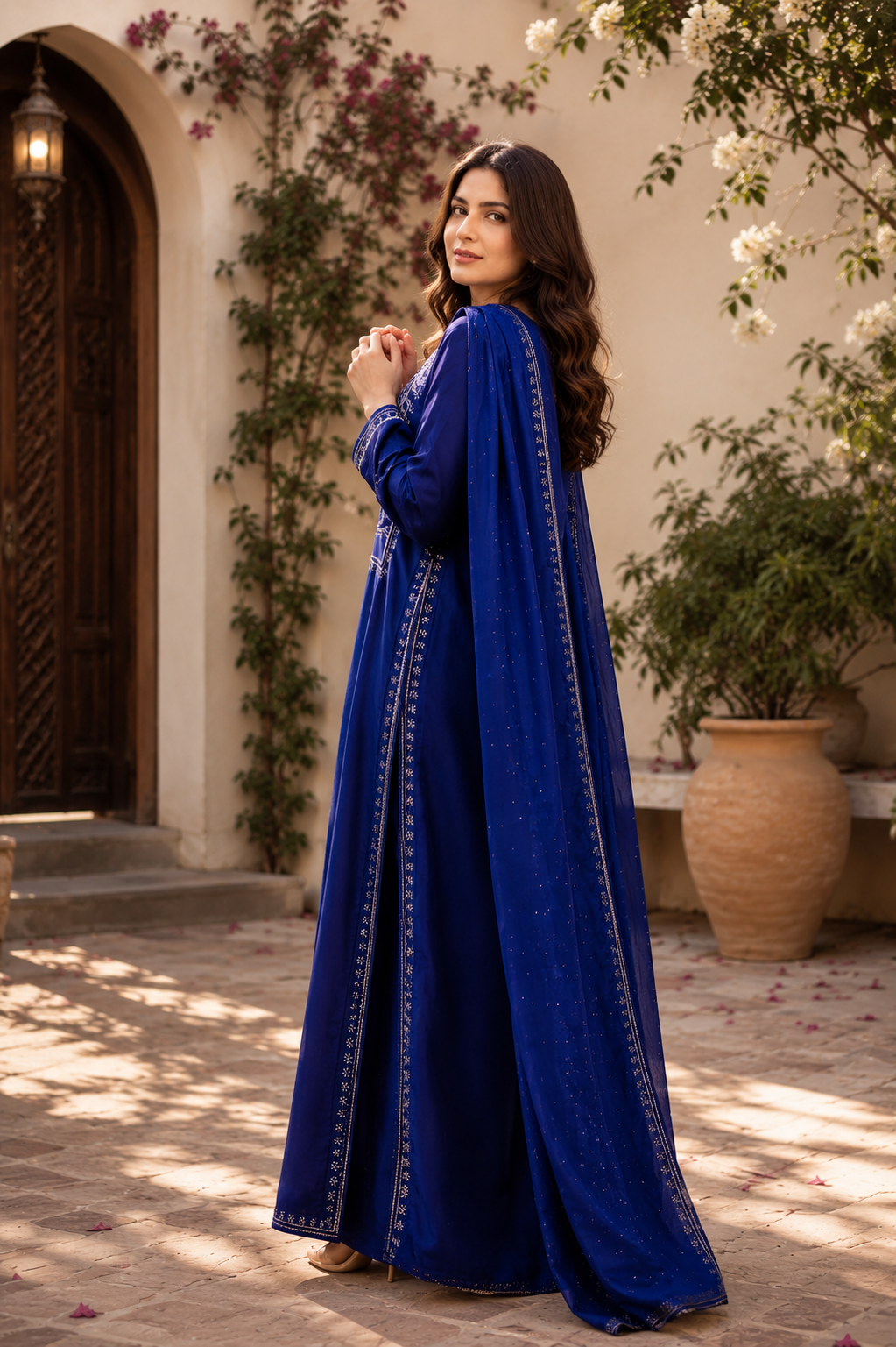 3 Piece Royal Blue Embroidered Sheesh Silk Suit