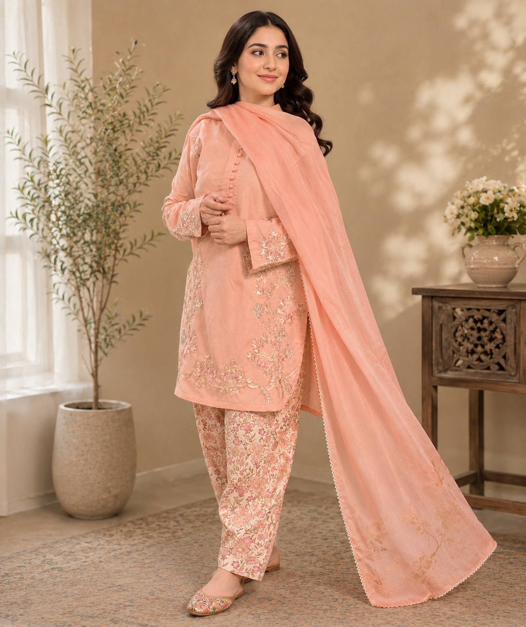 3 Piece - Peach Grace Embroidered Lawn Suit with Jacquard Dupatta