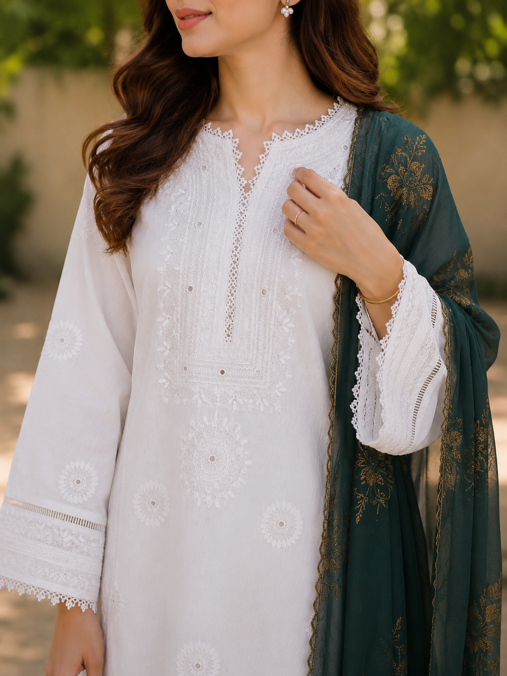 3 Piece - Azadi Noor Pure White Embroidered Lawn Suit with Jacquard Dupatta