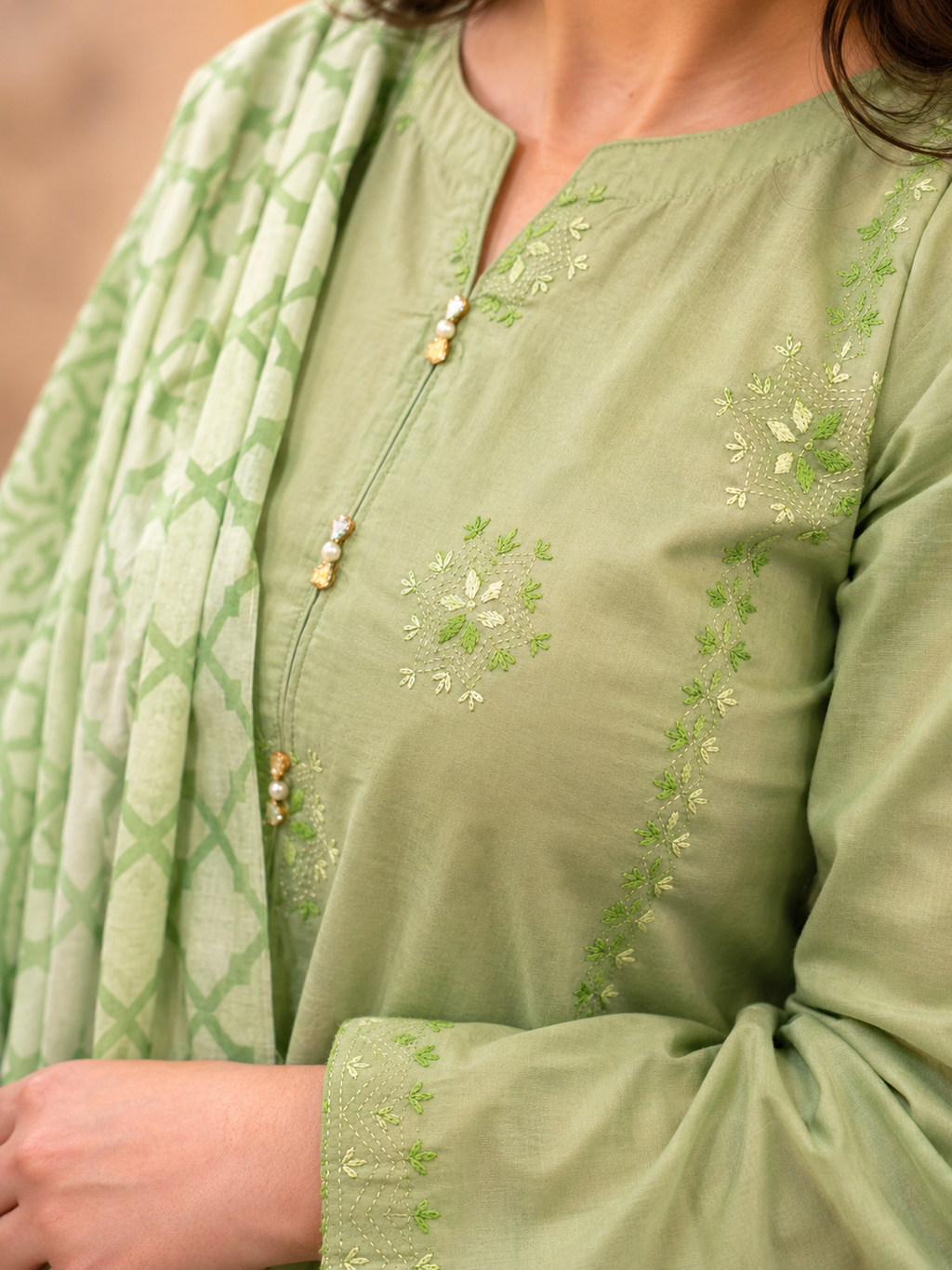 Mint Whisper - 3 Piece Embroidered Lawn Suit with Printed Lawn Dupatta