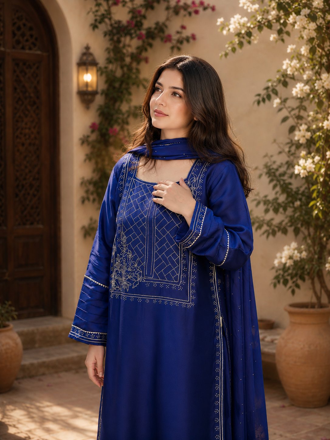 3 Piece Royal Blue Embroidered Sheesh Silk Suit