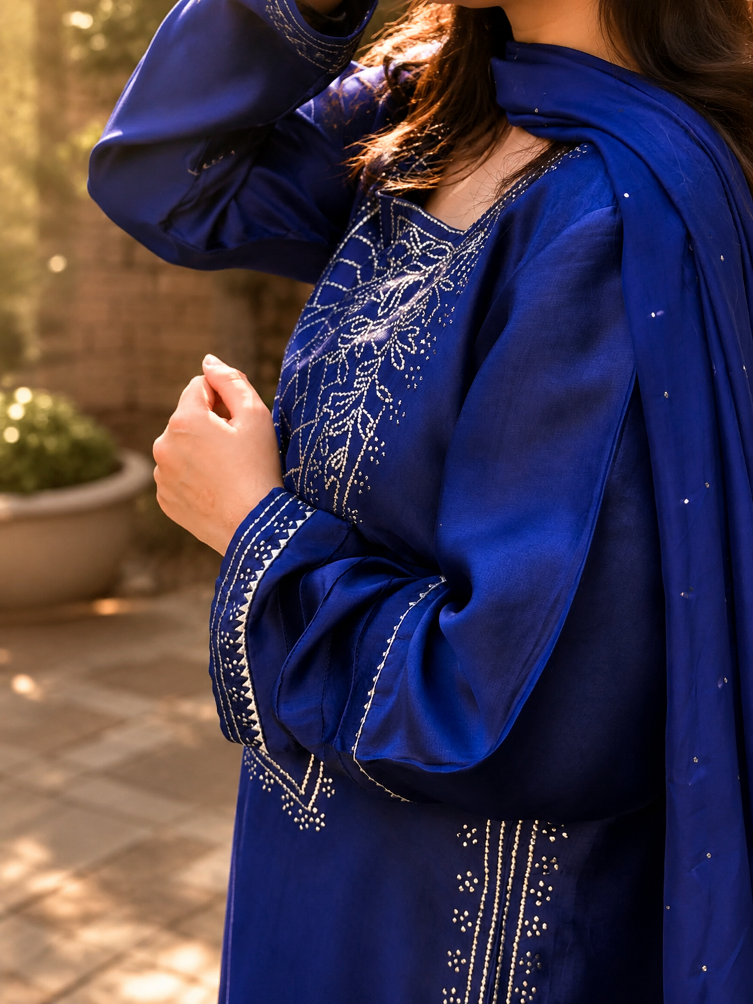 3 Piece Royal Blue Embroidered Sheesh Silk Suit
