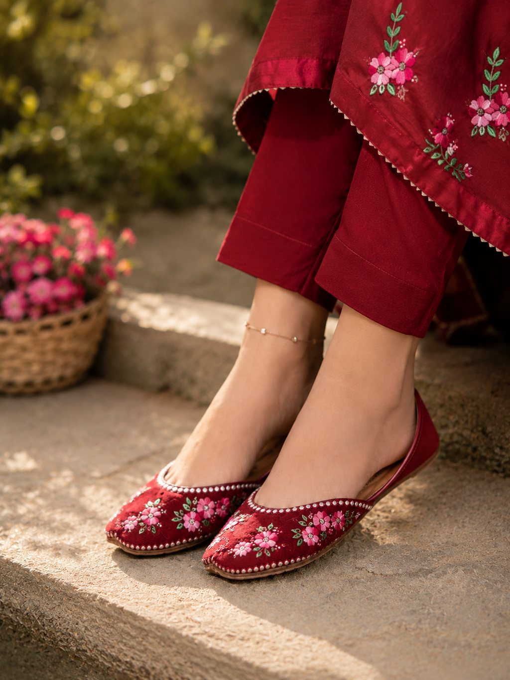 Handcrafted Crimson Bloom Khussa