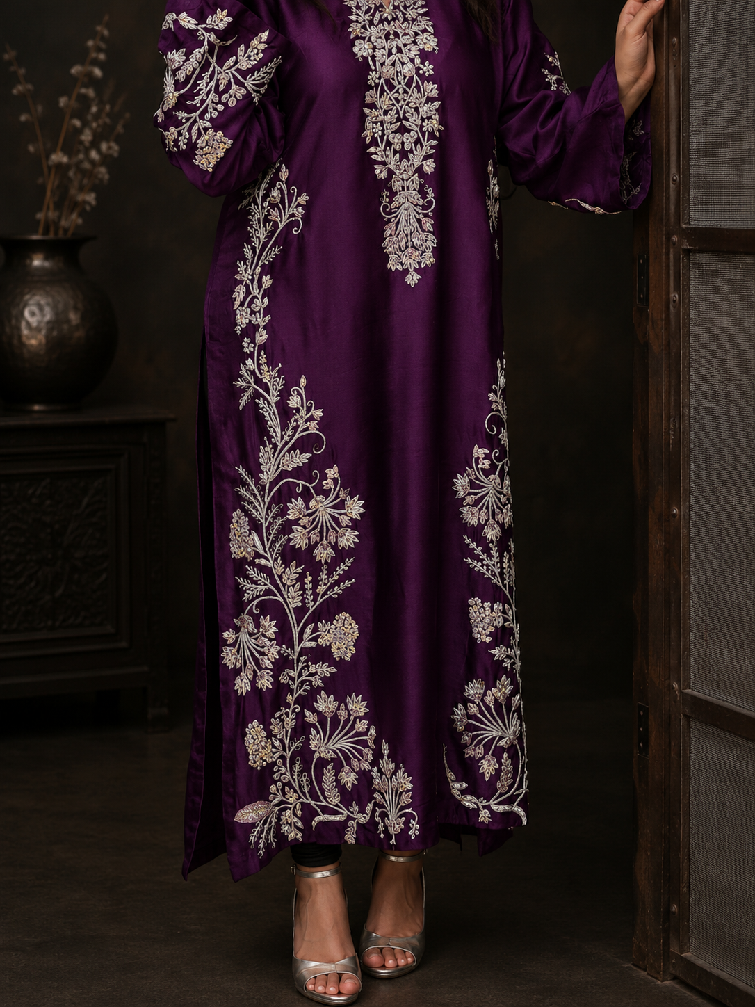 2 Piece - Royal Plum Embroidered Tasar Silk Suit