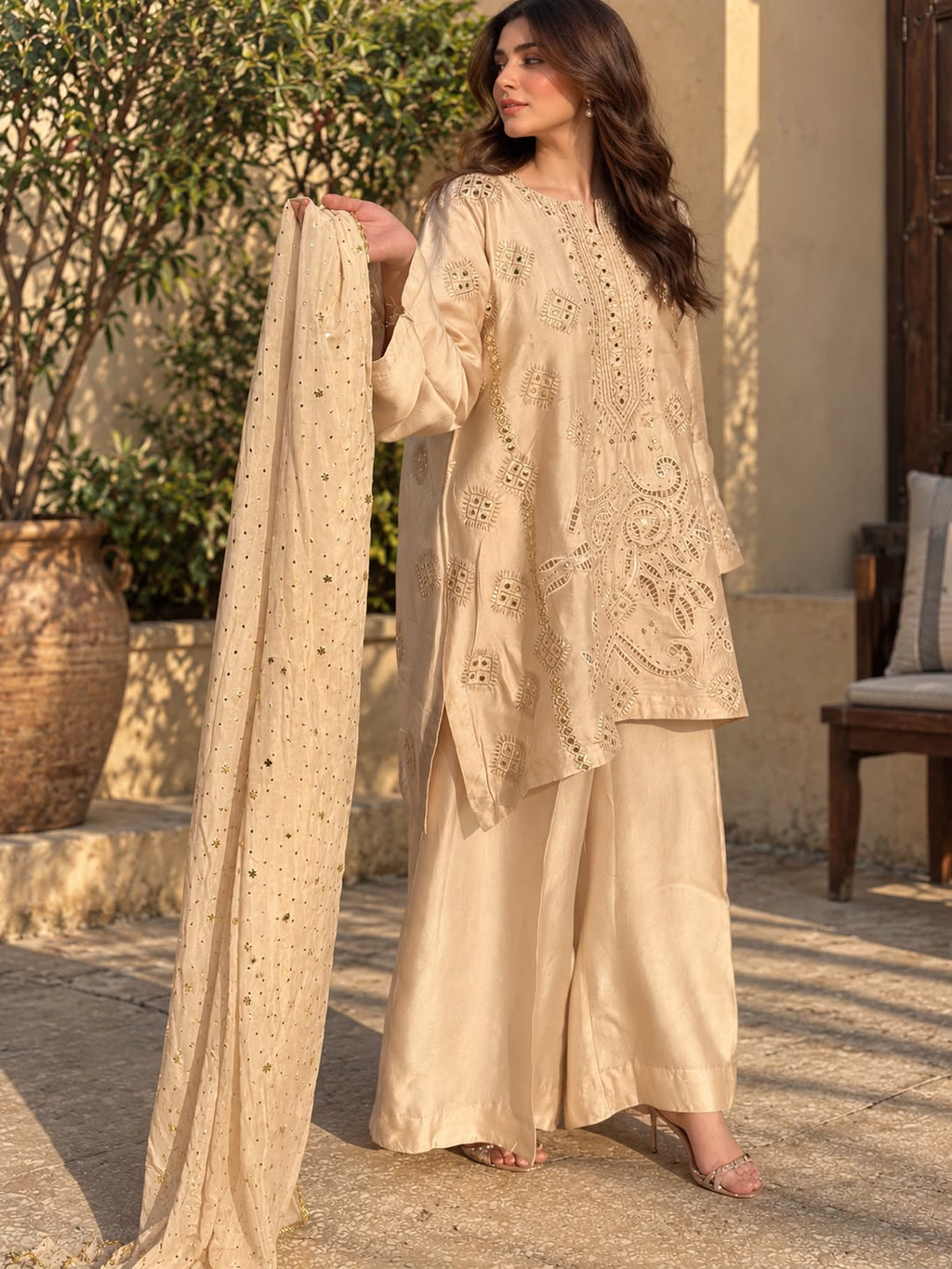 Noor-e-Mukesh – Embroidered Sheesha Silk 3 Piece Formal Suit