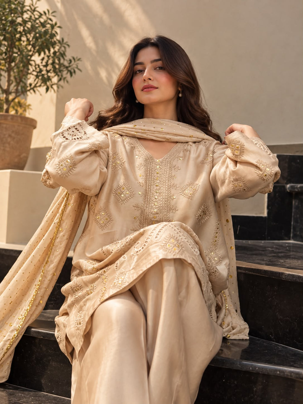Noor-e-Mukesh – Embroidered Sheesha Silk 3 Piece Formal Suit