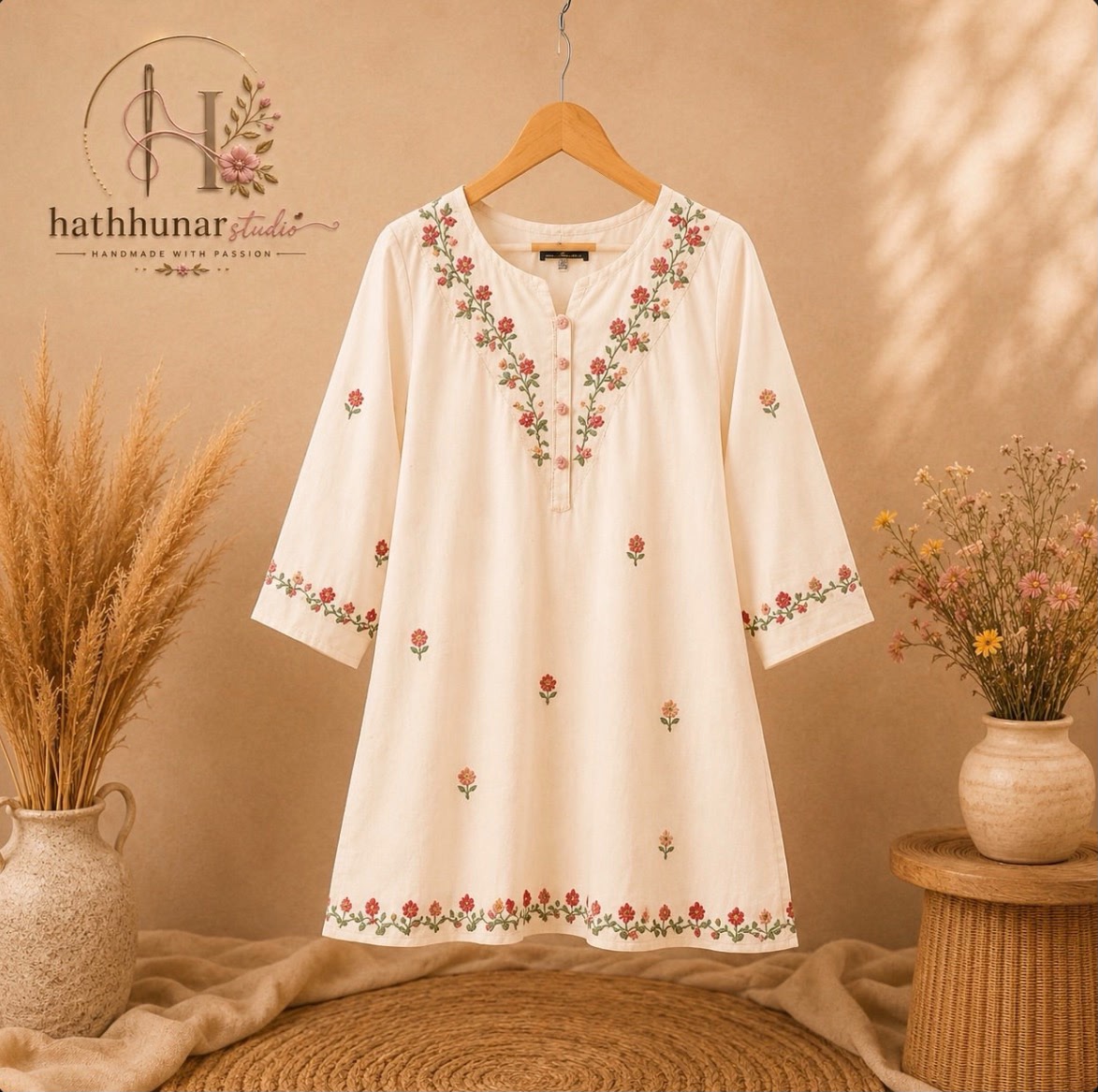1 Piece - Embroidered Ivory White Lawn Kurti - 42602028