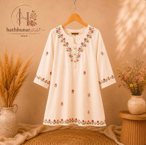 1 Piece - Embroidered Ivory White Lawn Kurti - 42602028