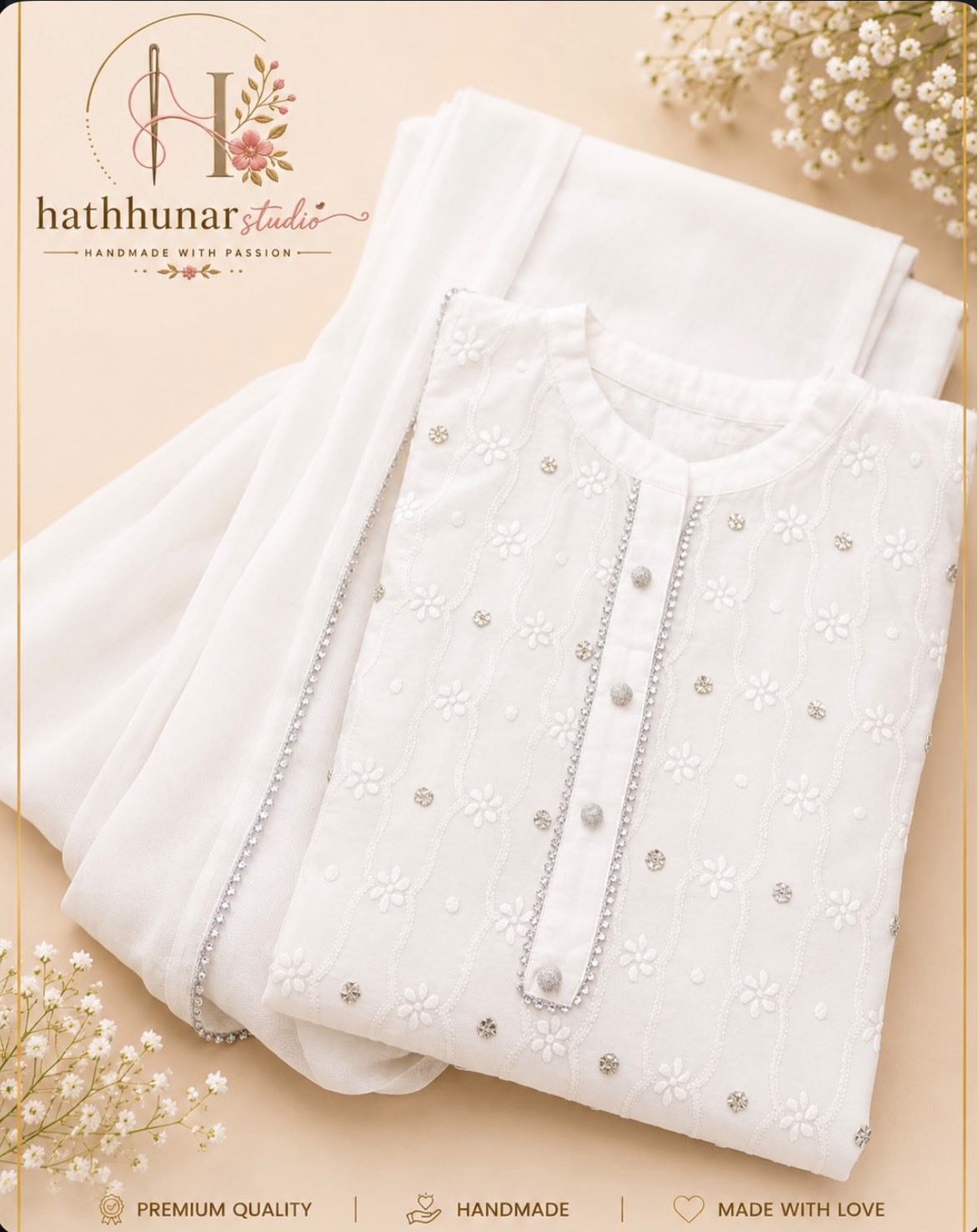 3 Piece - Embroidered White Lawn Suit with Chiffon Dupatta - 42602024