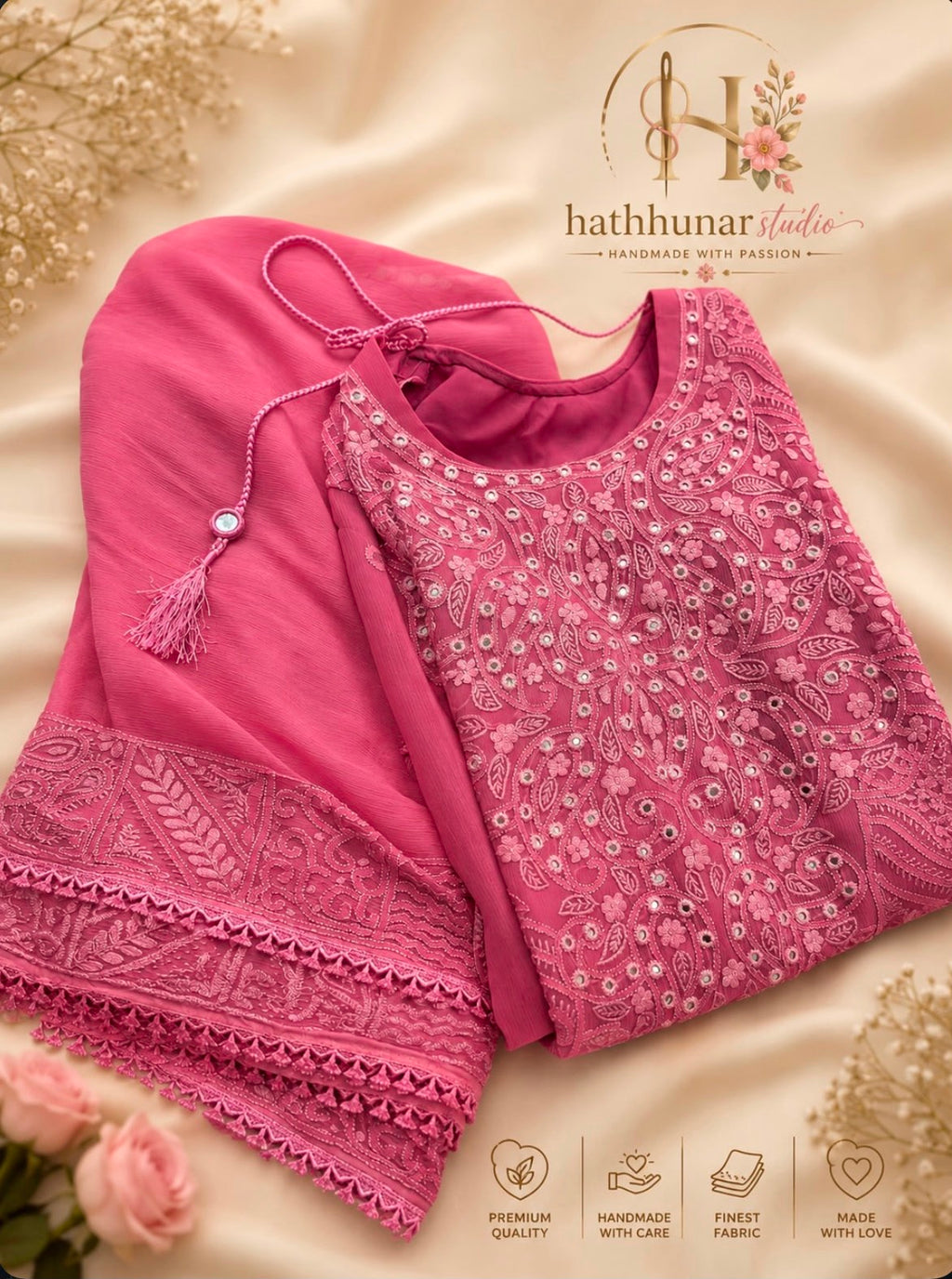 3 Piece - Embroidered Chiffon Suit with Silk Trouser - 42602023