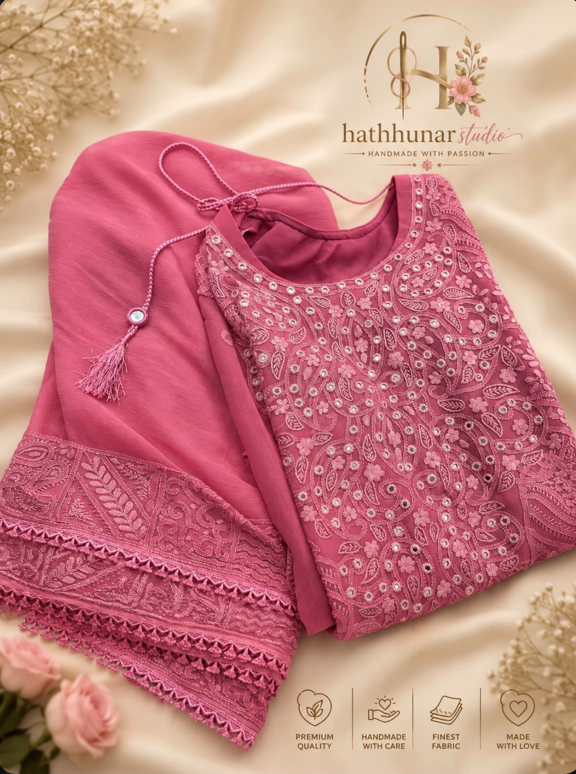 3 Piece - Embroidered Chiffon Suit with Silk Trouser - 42602023