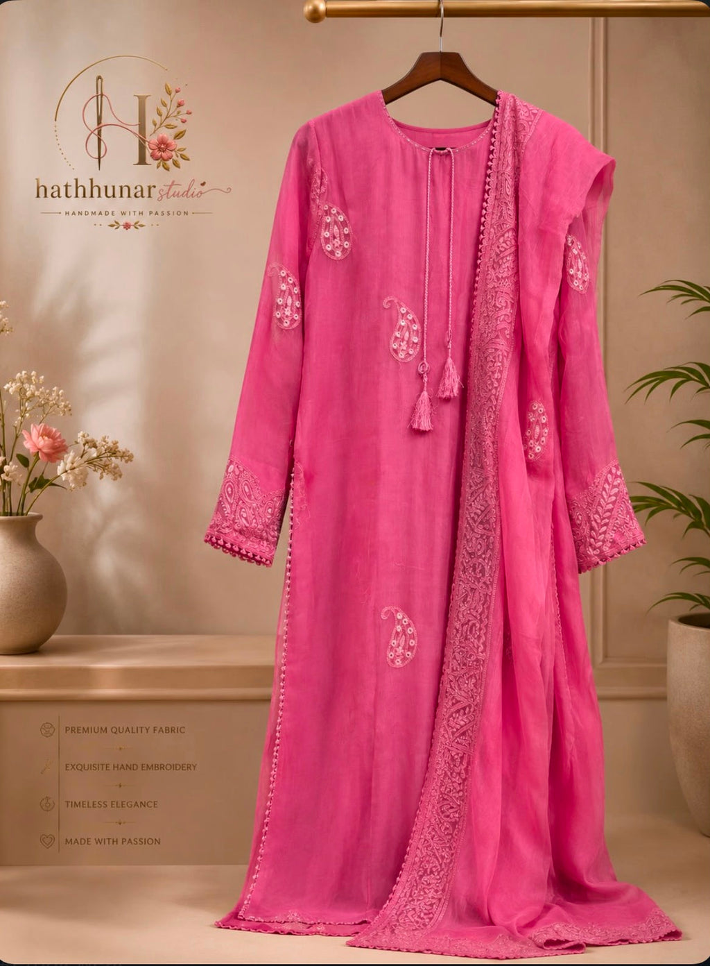 3 Piece - Embroidered Chiffon Suit with Silk Trouser - 42602023