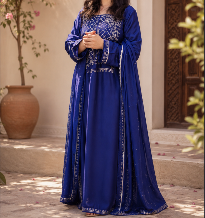 3 Piece Royal Blue Embroidered Sheesh Silk Suit