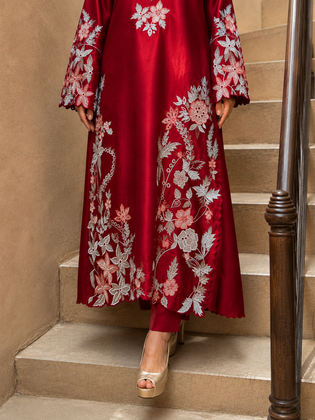 2 Piece - Crimson Bloom Tasar Silk Kaftan Suit