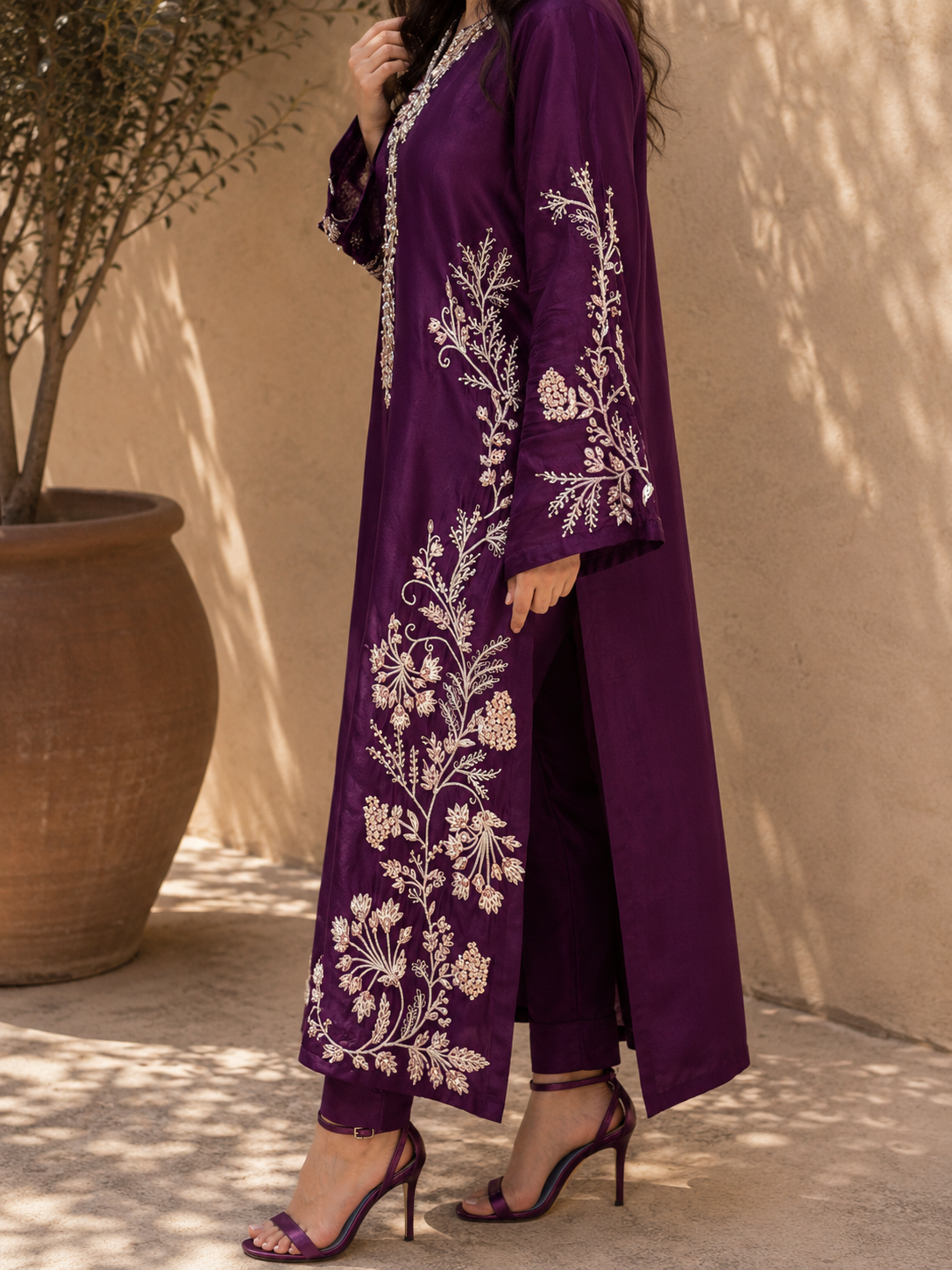 2 Piece - Royal Plum Embroidered Tasar Silk Suit