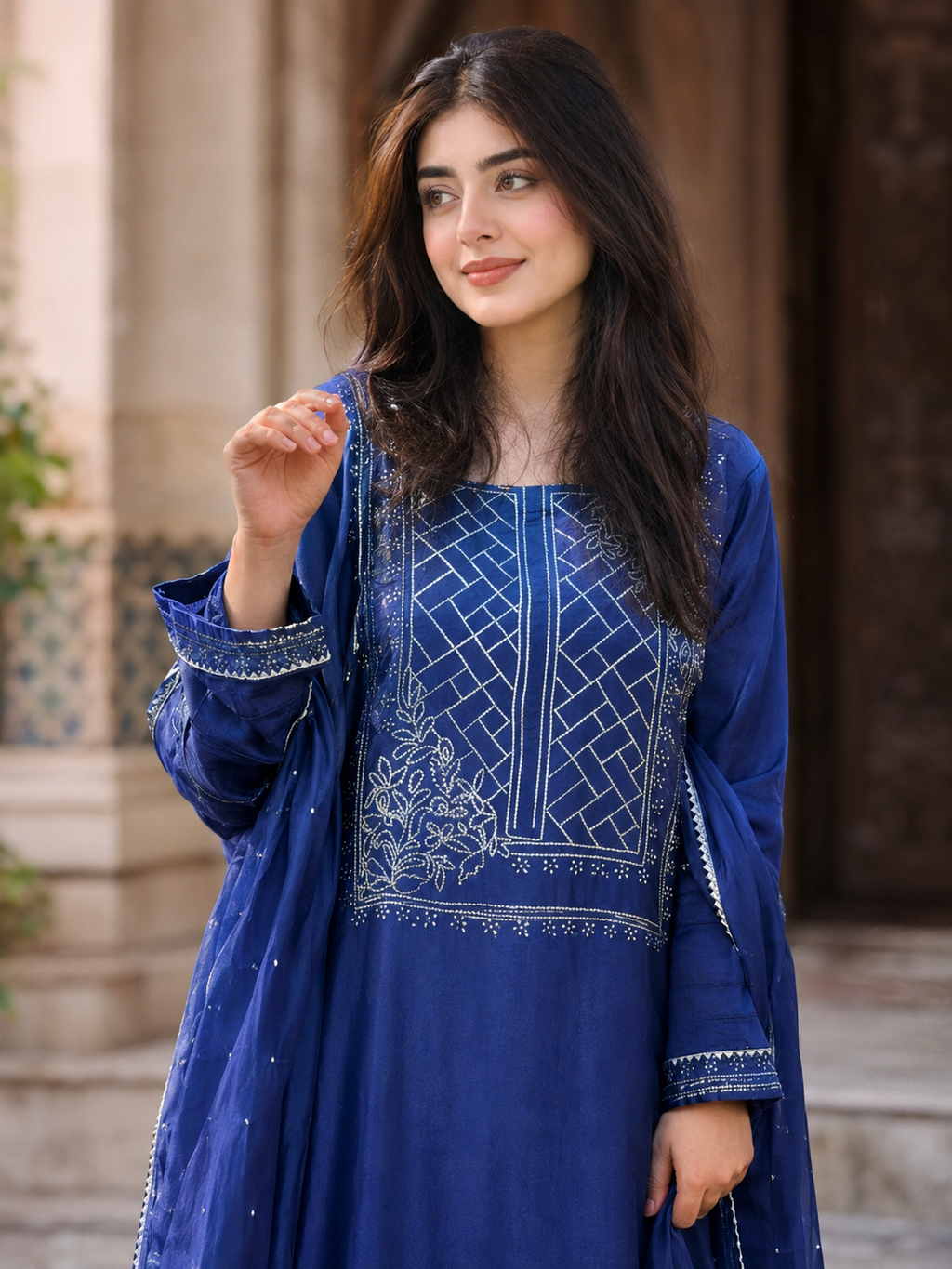 3 Piece Royal Blue Embroidered Sheesh Silk Suit