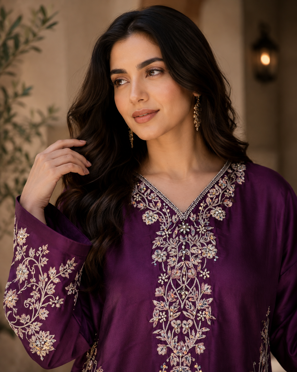 2 Piece - Royal Plum Embroidered Tasar Silk Suit