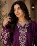 2 Piece - Royal Plum Embroidered Tasar Silk Suit