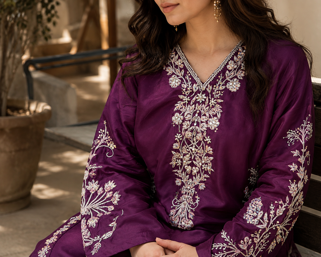 2 Piece - Royal Plum Embroidered Tasar Silk Suit